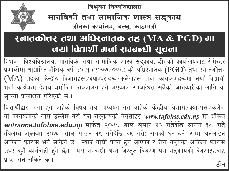 MA and PGD Level Admission Open from TUFoHSS