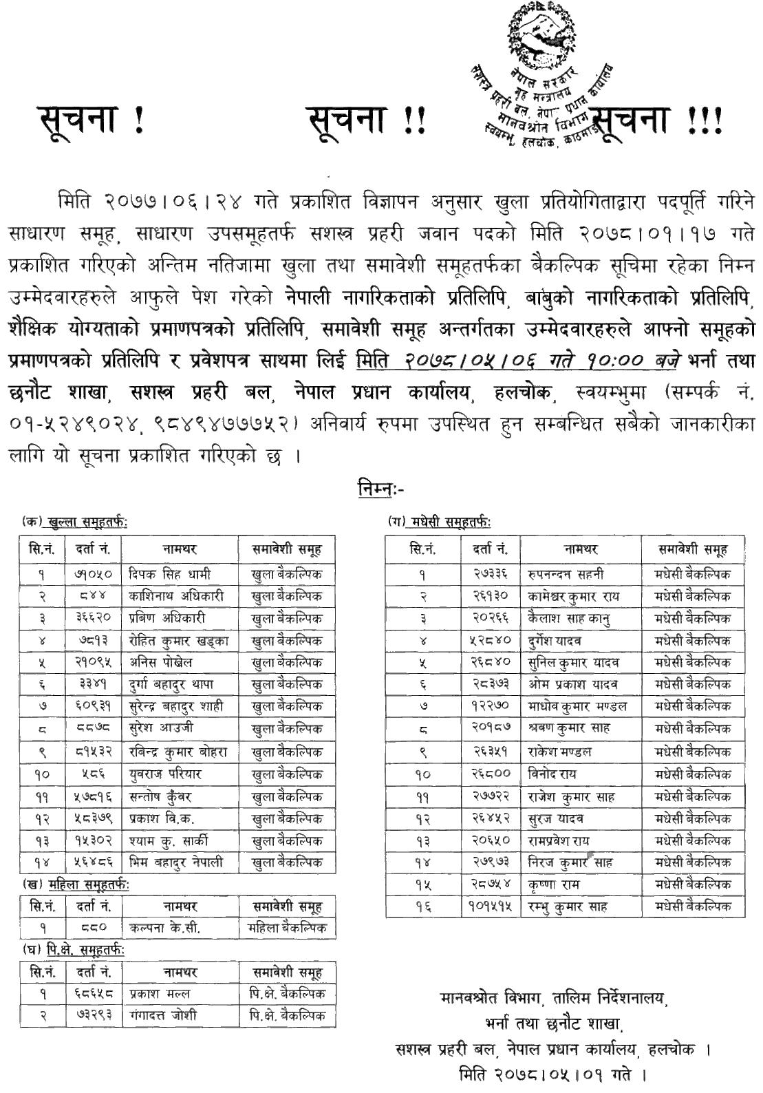 APF Nepal Selected Alternative Candidates for the Jawan Post