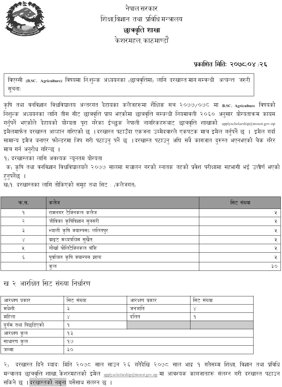 B.Sc. Agriculture Scholarship from Government of Nepal in Various Colleges