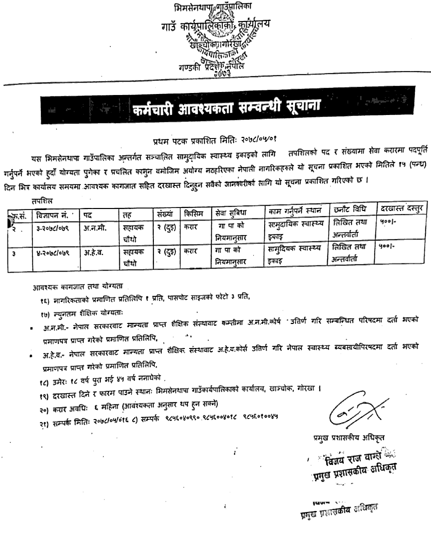 Bhimsenthapa Rural Municipality Vacancy for ANM, AHW, EDF and Office Helper