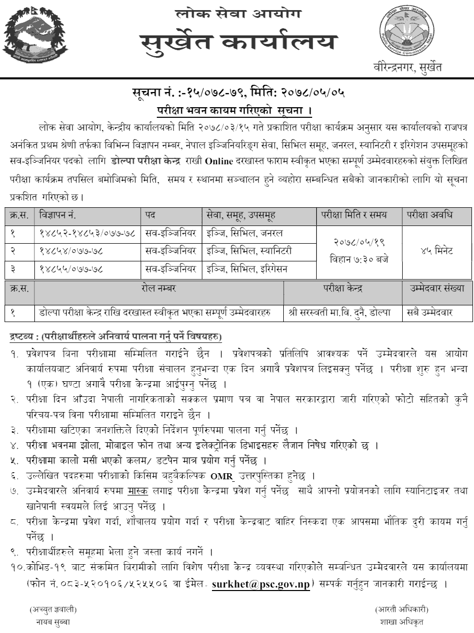 Lok Sewa Aayog Nayab Subba (Prabidhik) Written Exam Center Dolpa