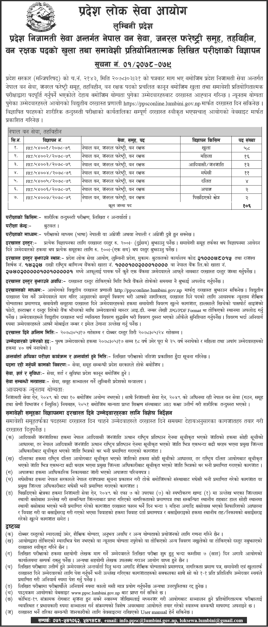 Lumbini Pradesh Lok Sewa Aayog Vacancy for Forest Guard (Ban Rakshak)