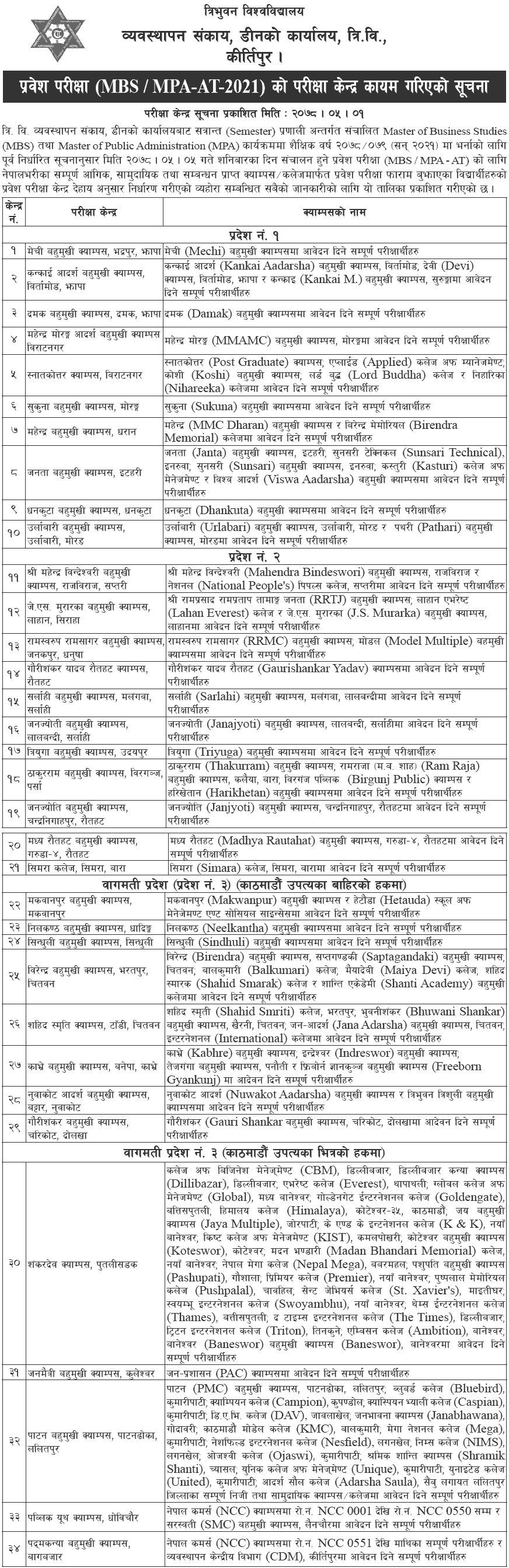 MBS  MPA AT Entrance Examination Center 2078