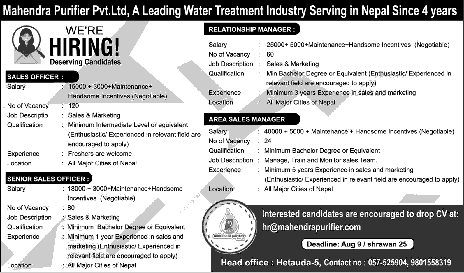 Mahendra Purifier Vacancy for Various Positions