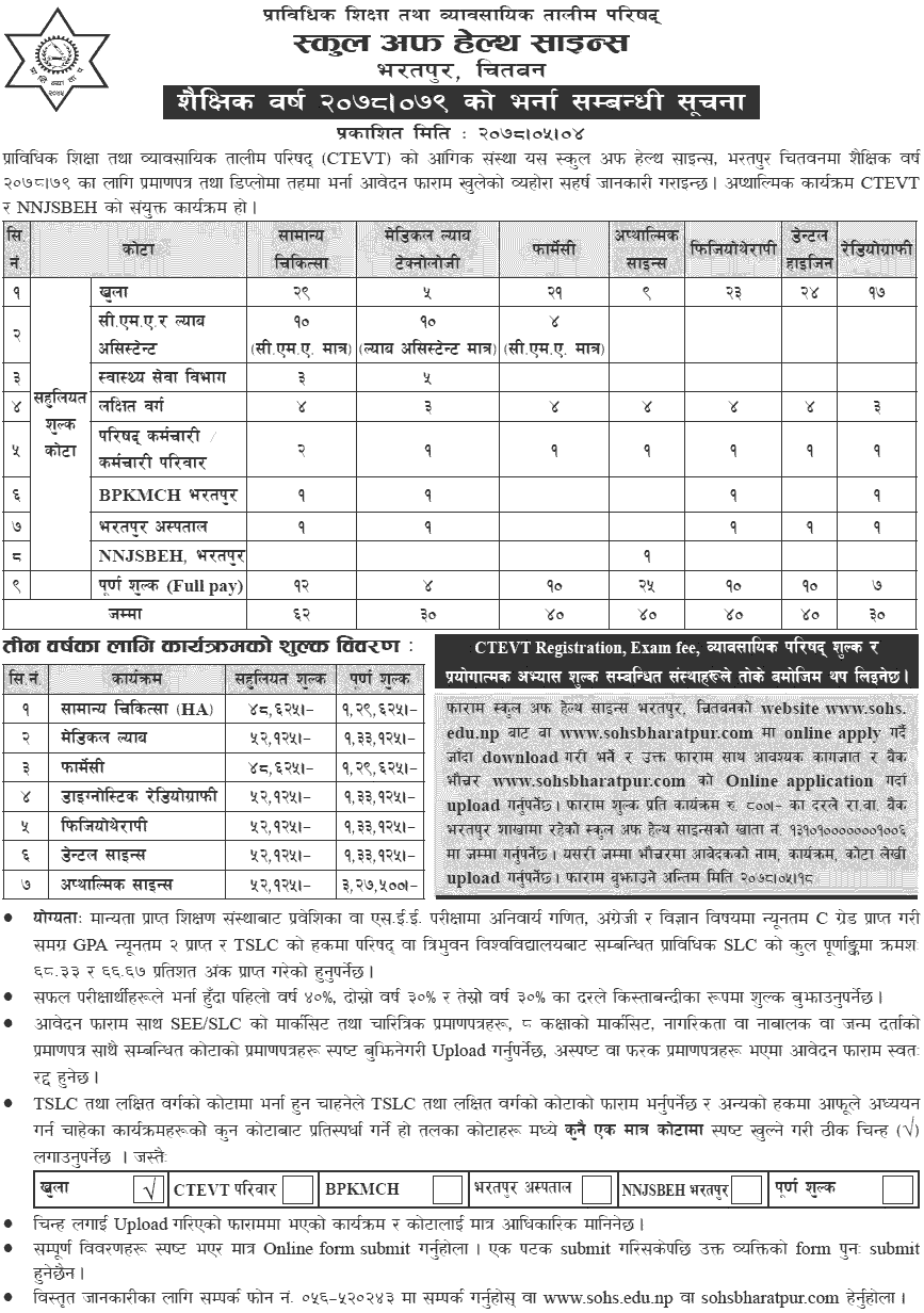 PCL and Diploma Level Health Program Admission at School of Health Sciences