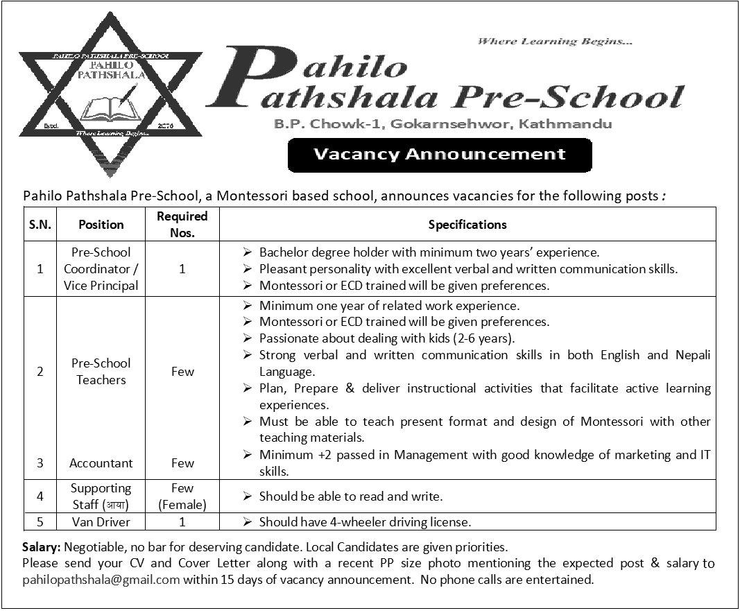 Pahilo Pathshala Pre-School Vacancy for Coordinator  VP, Pre-School Teacher, Accountant, Aaya, and Driver