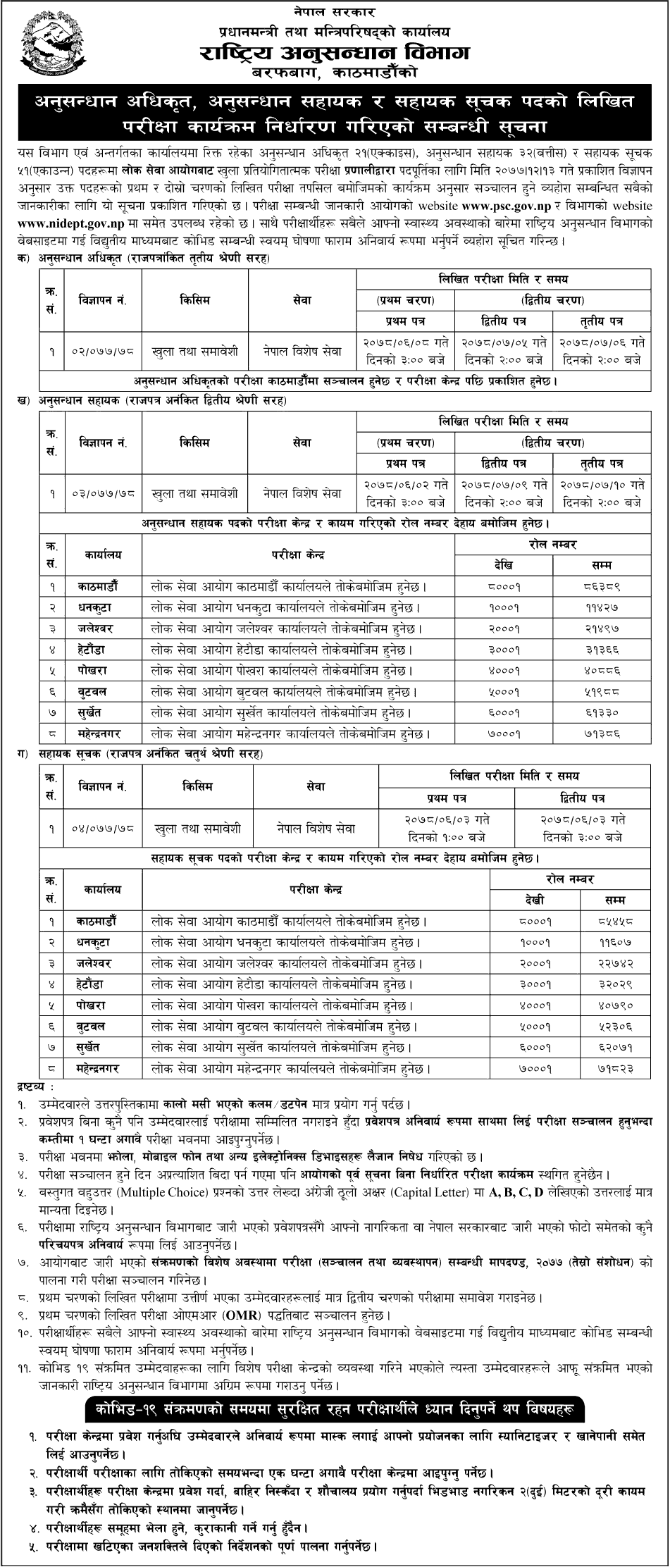 Rastriya Anusandhan Bibhag Written Exam Center of Anusandhan Adhikrit, Anusandhan Sahayak, Shayak Suchak