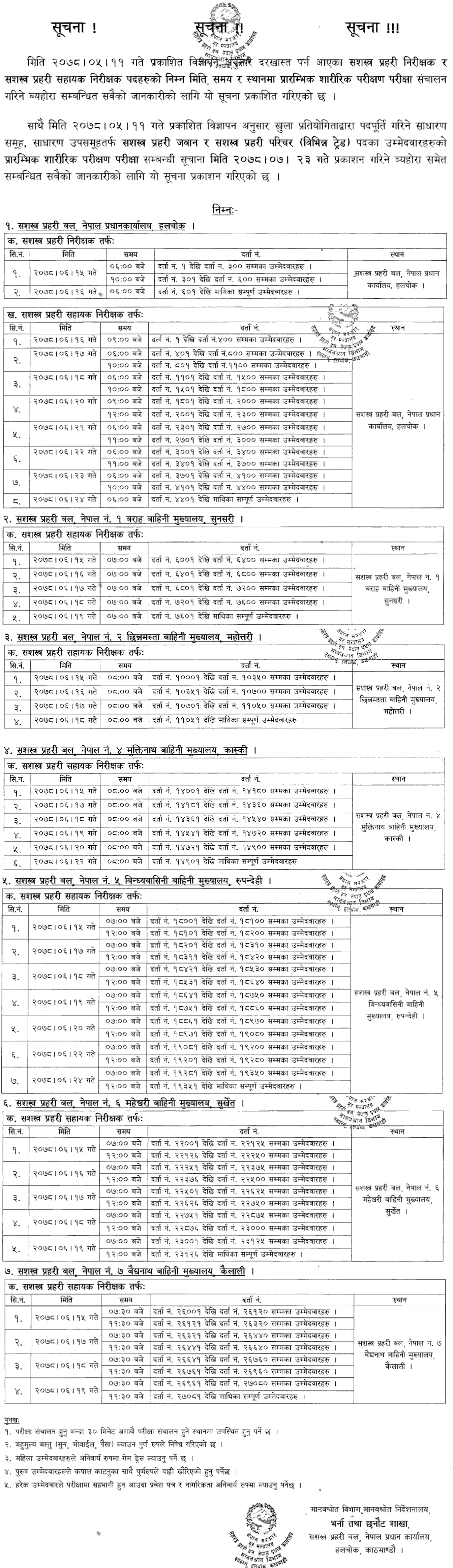 APF Nepal (Sashastra Prahari) Inspector, ASI and Jawan Physical Exam Schedule