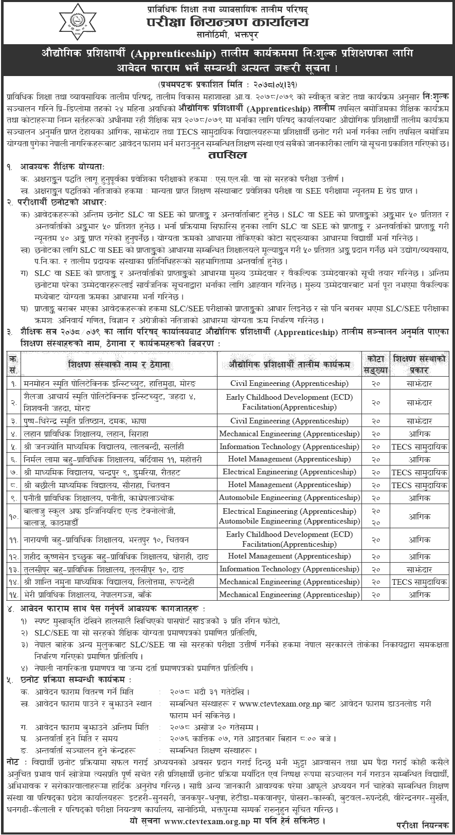 Apprenticeship Program Registration Form Fill-up Notice 2078 CTEVT