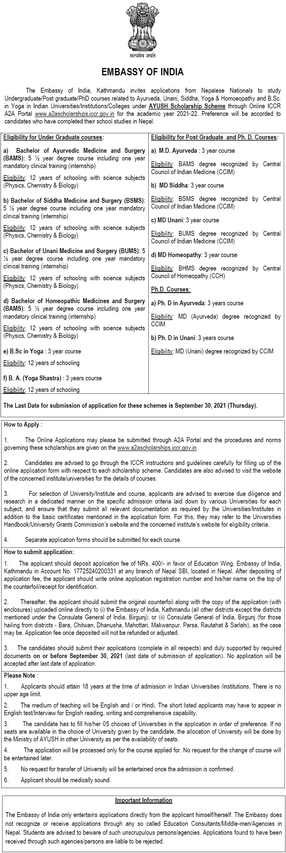 Embassy of India Kathmandu AYUSH Scholarship Undergraduate  Postgraduate  Ph.D. courses