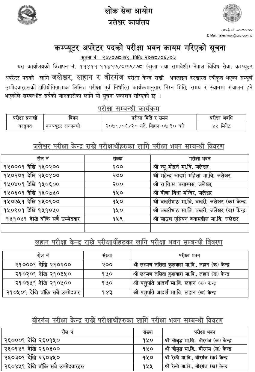 Lok Sewa Aayog Computer Operator and Prabidhik Sahayak Exam Center Jaleshwor, Lahan, Birgunj