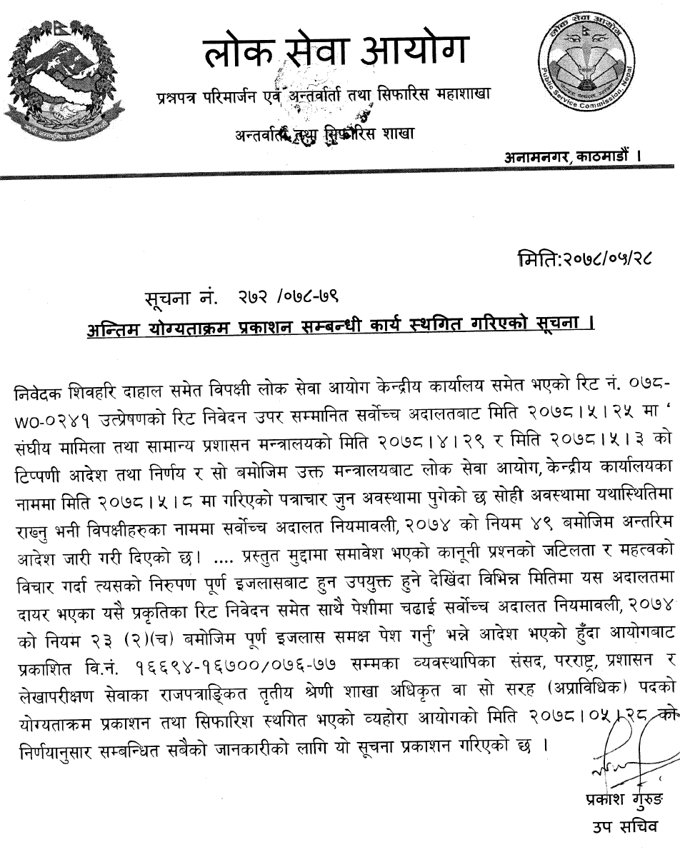 Lok Sewa Aayog Postponed Final Result of Section Officer (Sakha Adhikrit)