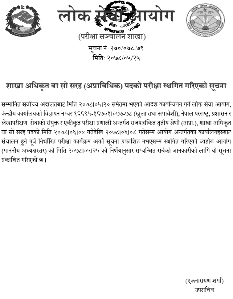 Lok Sewa Aayog Postponed Section Officer (Sakha Adhikrit) Written Examination