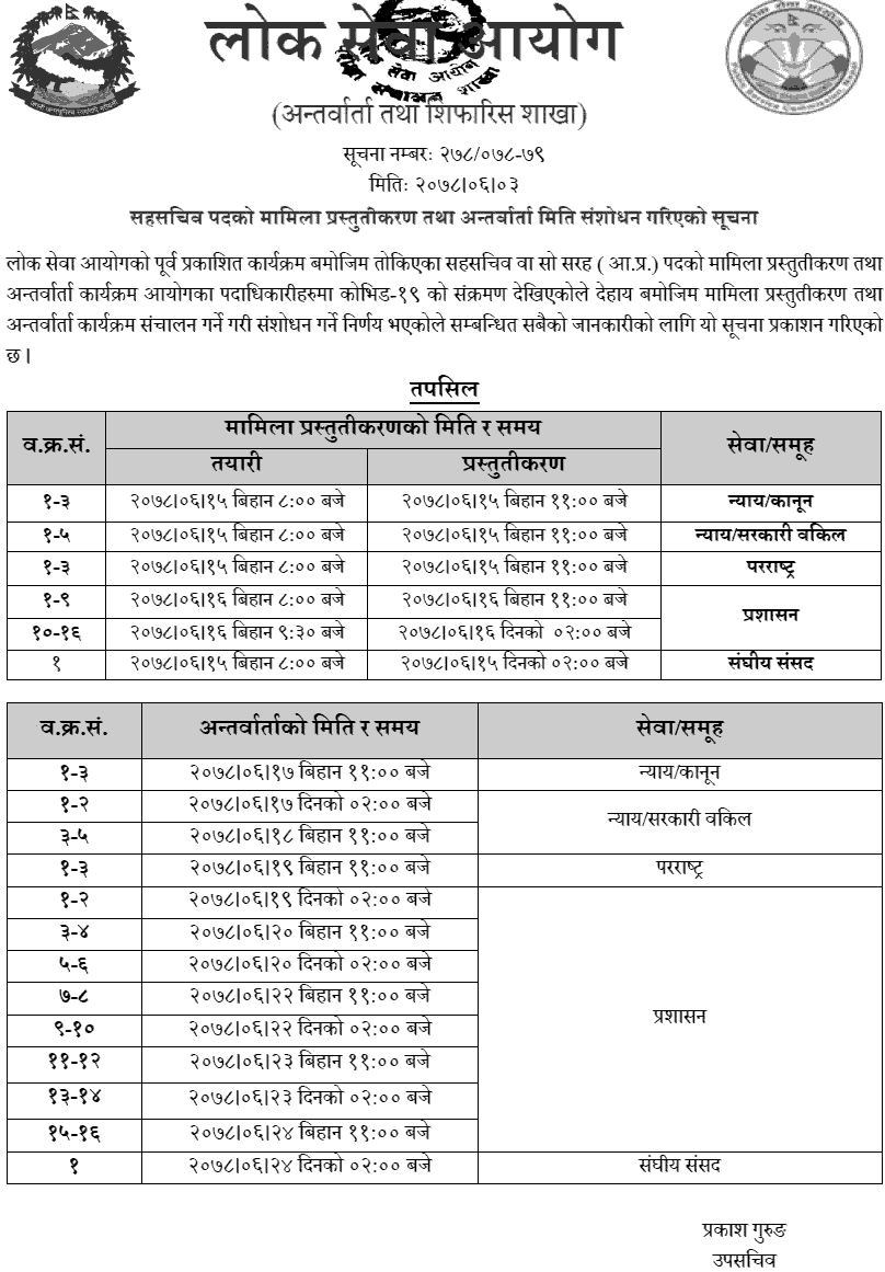 Lok Sewa Aayog Revised Date of Case Presentation and Interview of Saha Sachiv