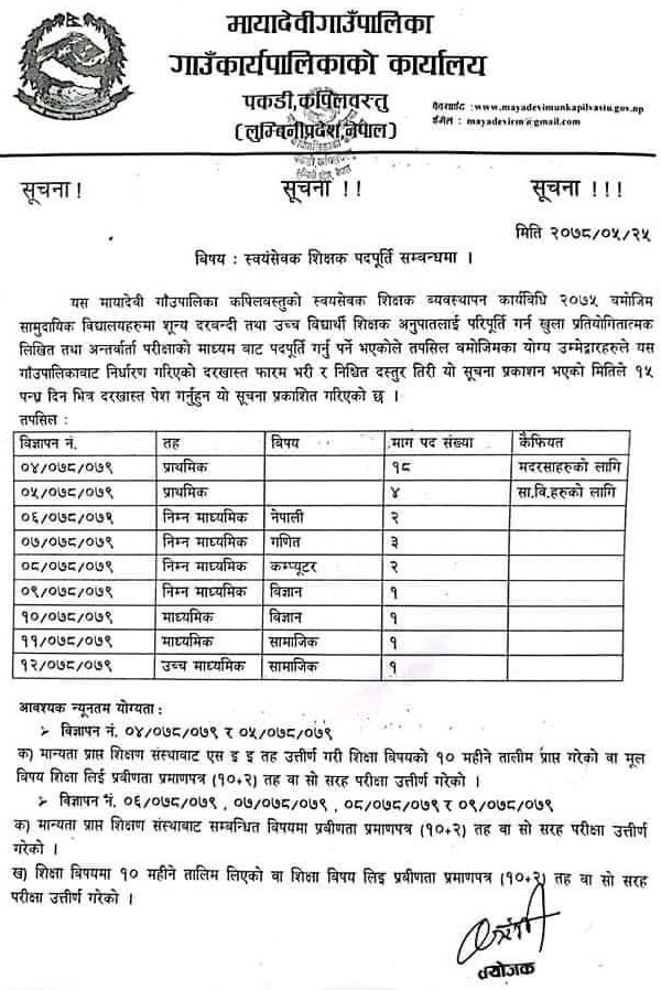 Mayadevi Rural Municipality Vacancy for Volunteer Teachers