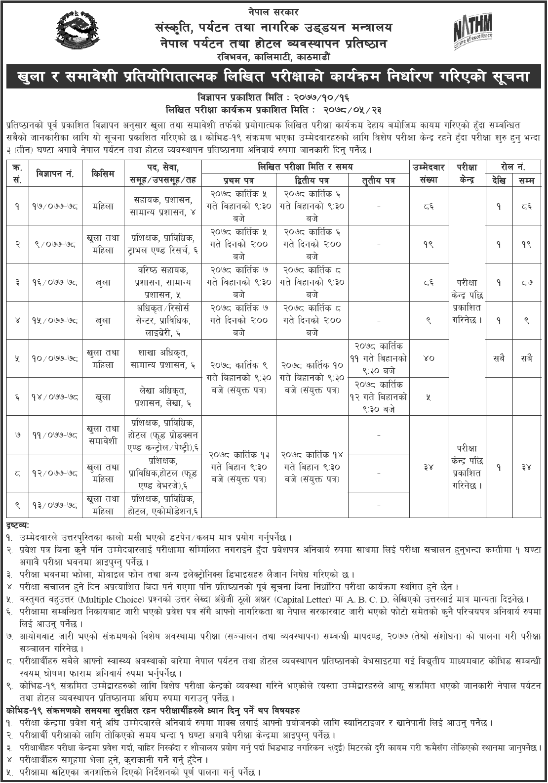 Nepal Academy of Tourism and Hotel Management (NATHM) Written Exam Schedule