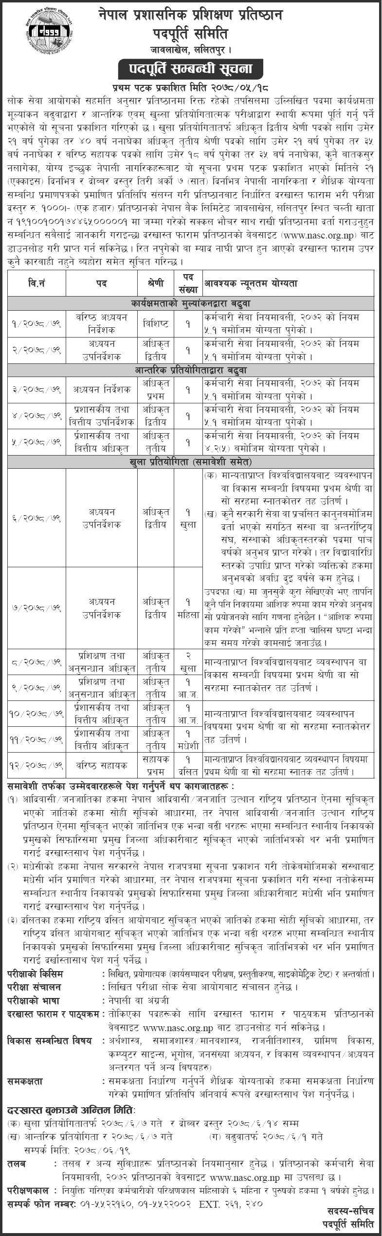 Nepal Administrative Staff College (NASC) Vacancy 2078