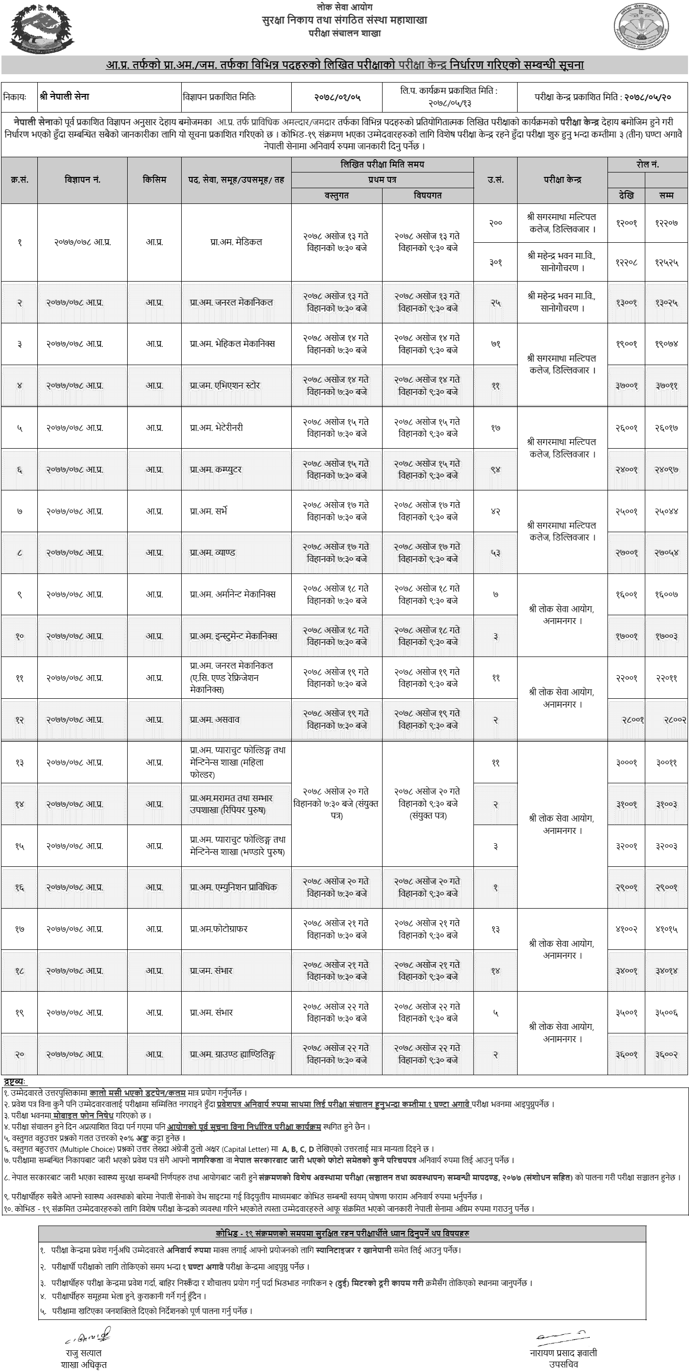 Nepal Army Prabidhik Amaldar and Jamdar Written Exam Schedule aand Exam Center