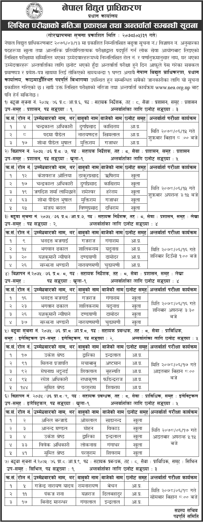 Nepal Electricity Authority (NEA) Written Exam Result and Interview Schedule of 8th Level