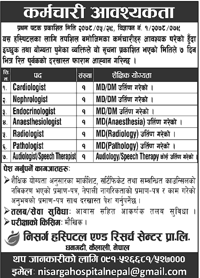 Nisarga Hospital Job Vacancy for Various Position