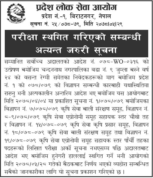 Pradesh 1 Lok Sewa Aayog Postponed the 4th and 5th Level Agriculture Service Written Exam