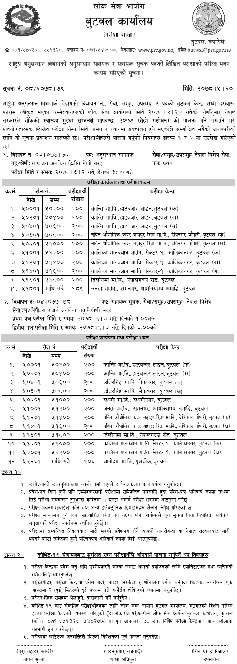 Rastriya Anusandhan Bibhag Anusandhan Sahayak and Sahayak Suchak Written Exam Center Butwal