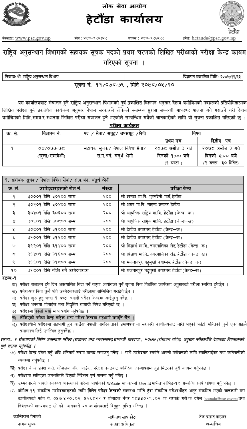 Rastriya Anusandhan Bibhag Anusandhan Sahayak and Sahayak Suchak Written Exam Center Hetauda