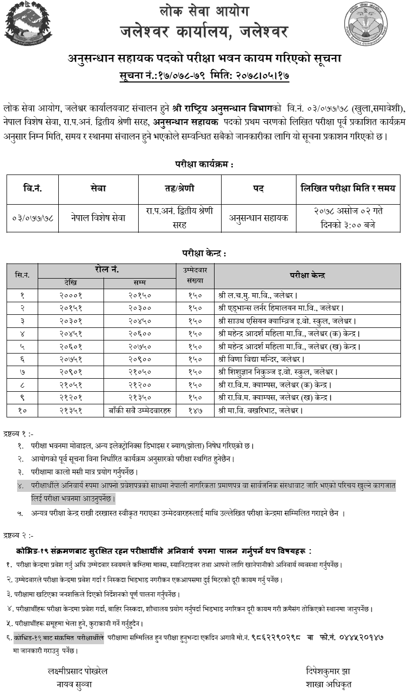 Rastriya Anusandhan Bibhag Sahayak Suchak and Anusandhan Sahayak Exam Center Jaleshwor