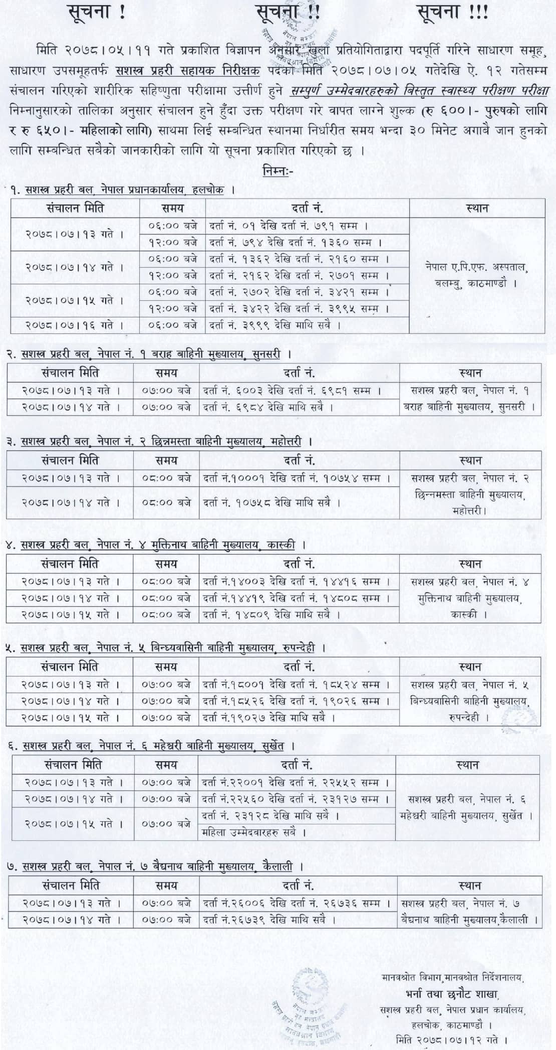 APF Nepal Published ASI Post Medical Examination Schedule