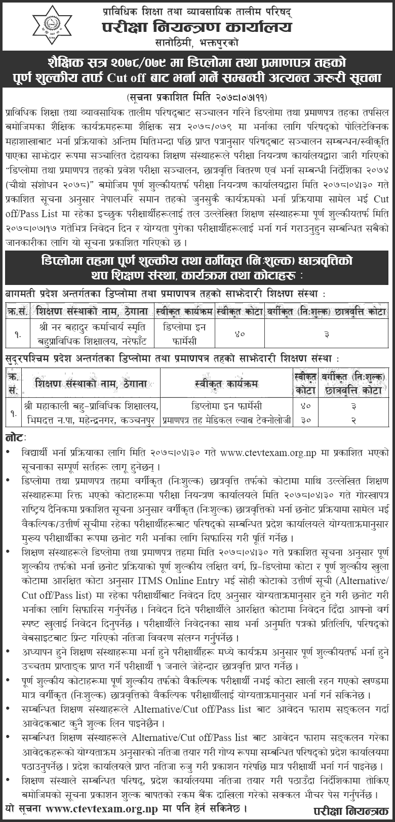 Diploma and PCL Level Admission Notice for Cut-Off and Pass List Students - CTEVT