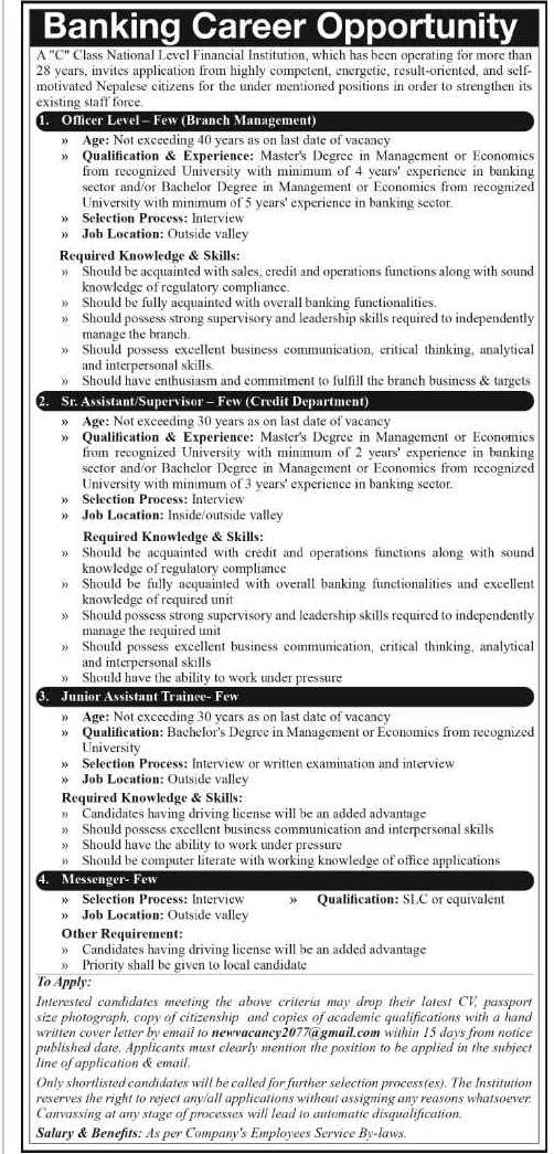 National Level Financial Institution (C Class) Vacancy for Various Positions