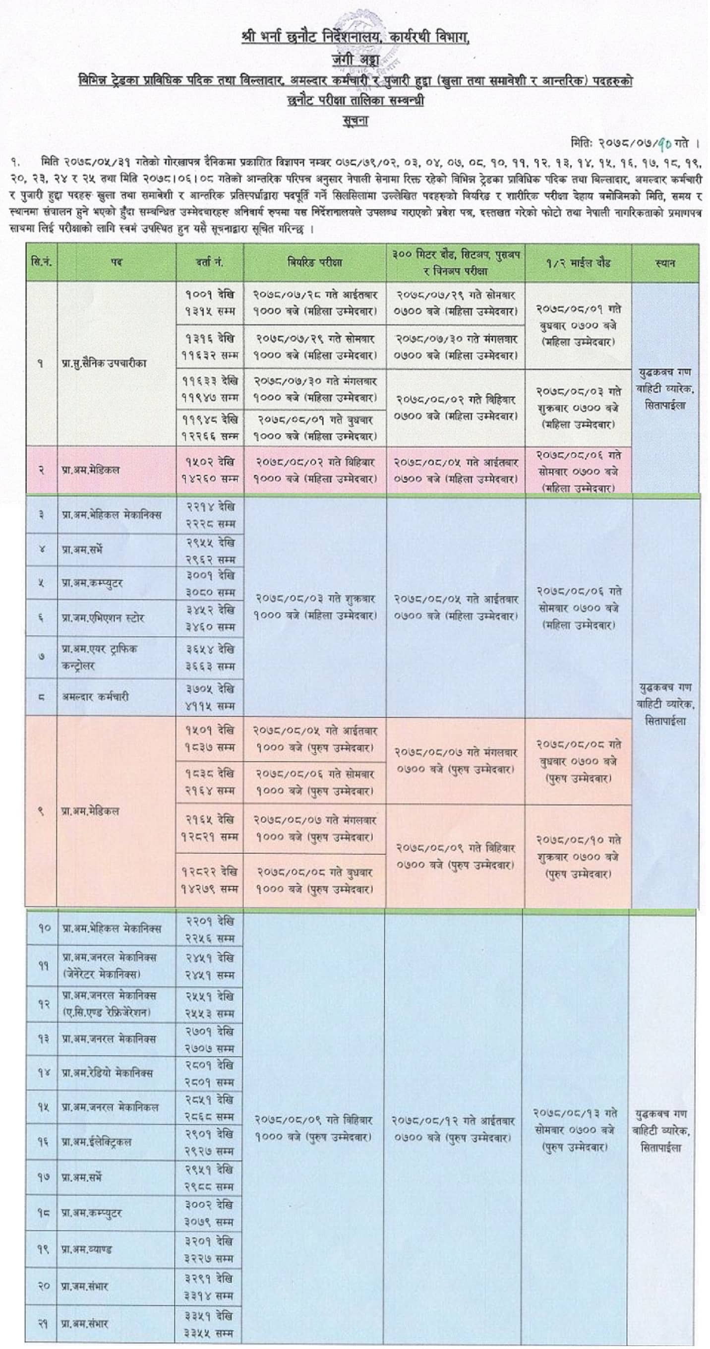 Nepal Army Prabidhik Padik Billadar Exam Schedule