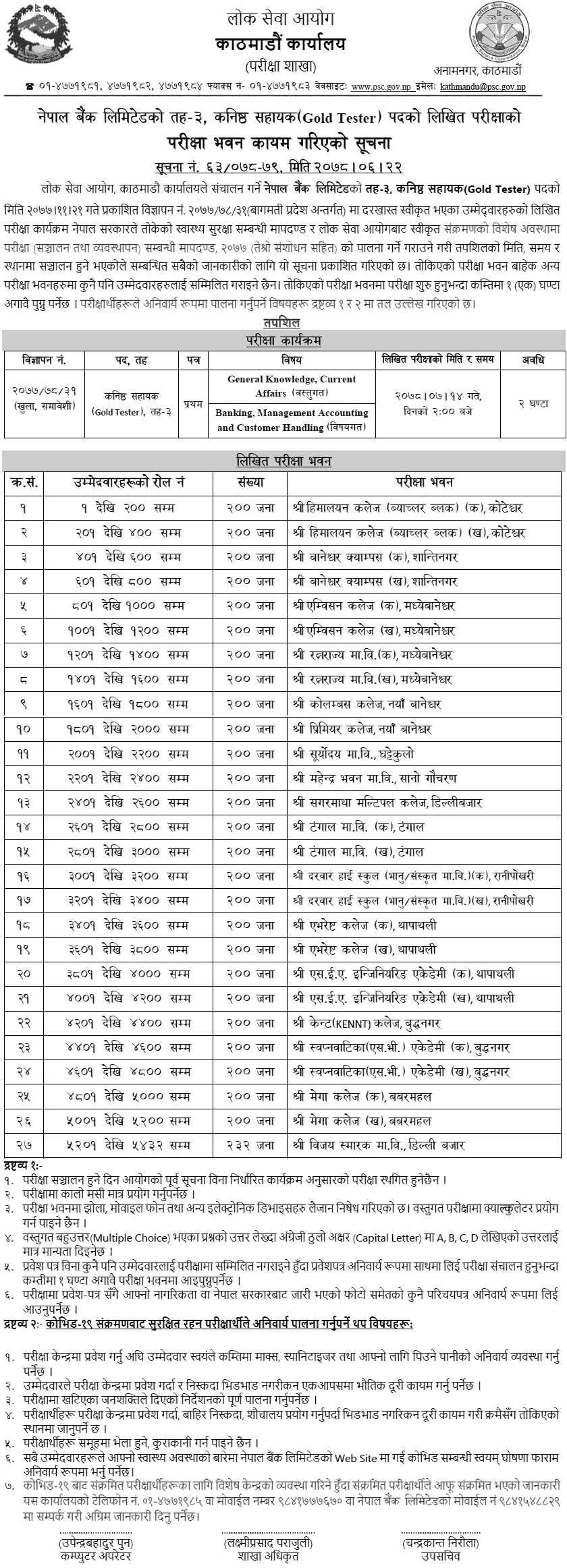 Nepal Bank Limited Assistant 4th and Gold Tester 3rd Level Written Exam Center Kathmandu