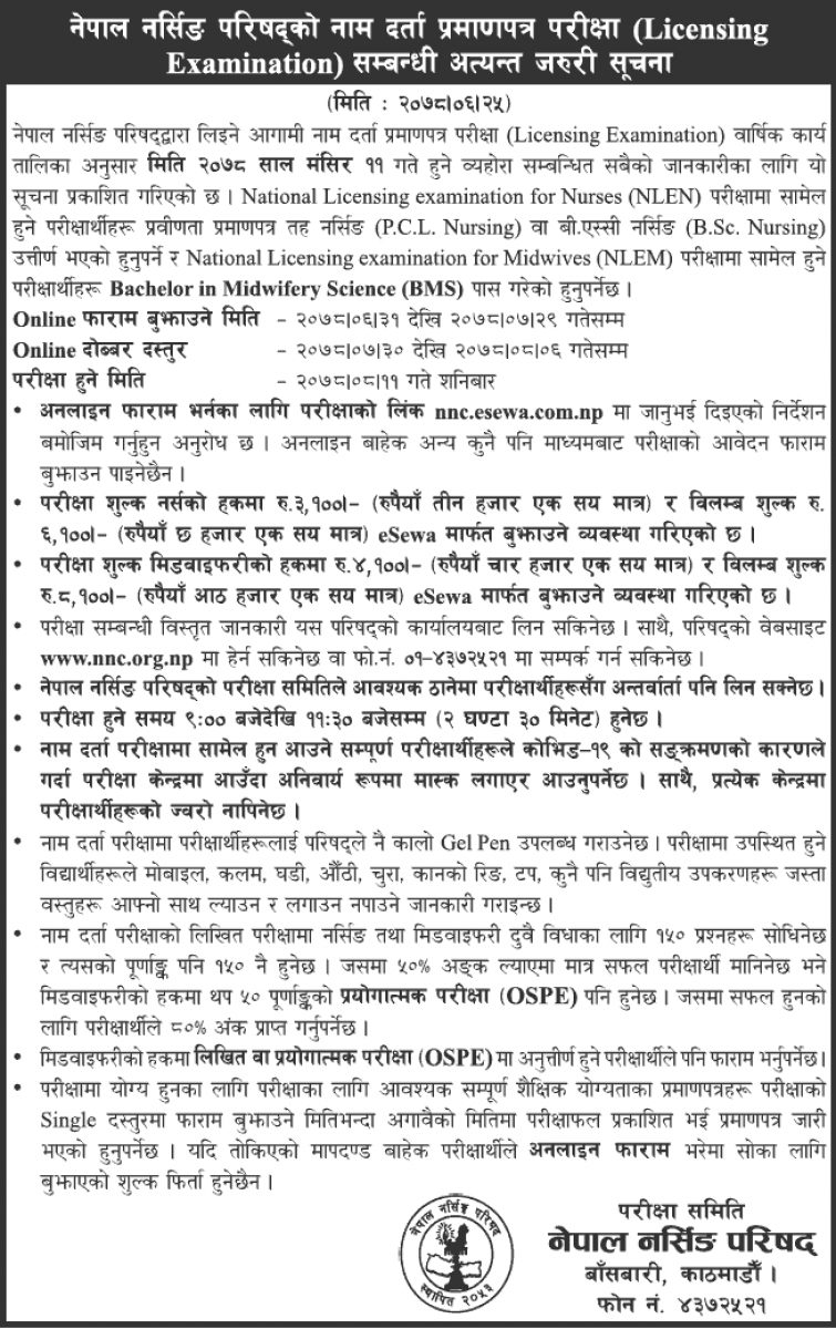 Nepal Nursing Council Licensing Examination Schedule