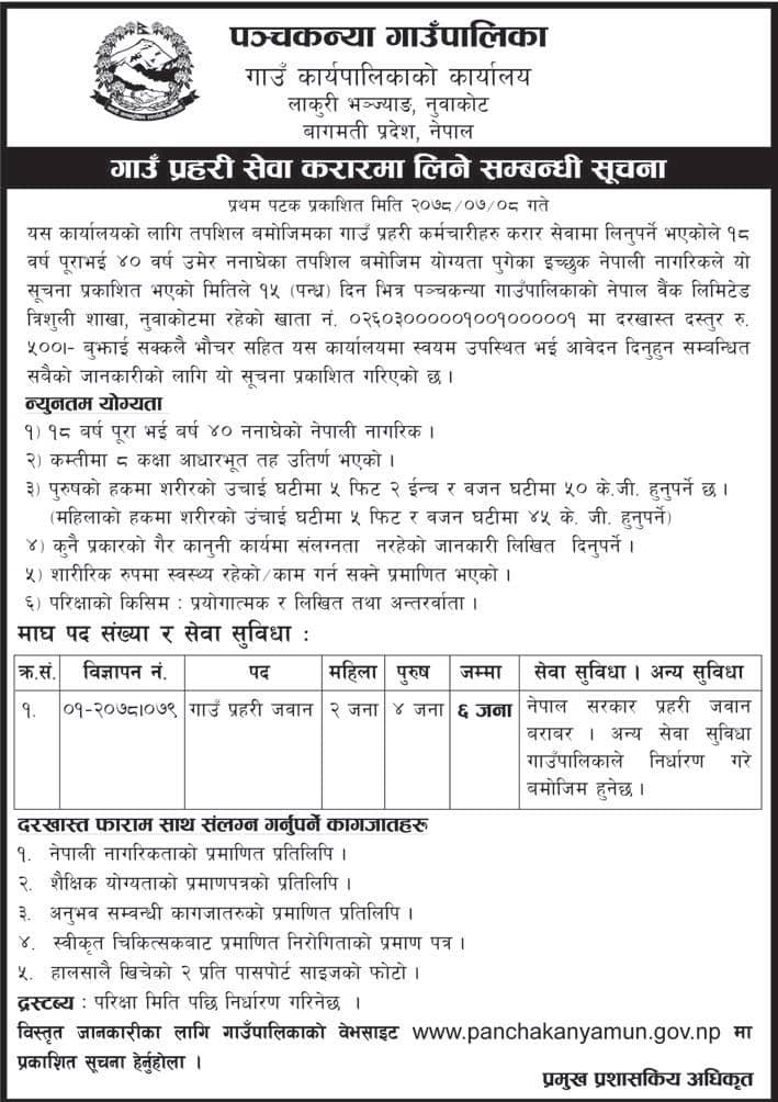 Panchakanya Rural Municipality Vacancy for Gaun Prahari Jawan