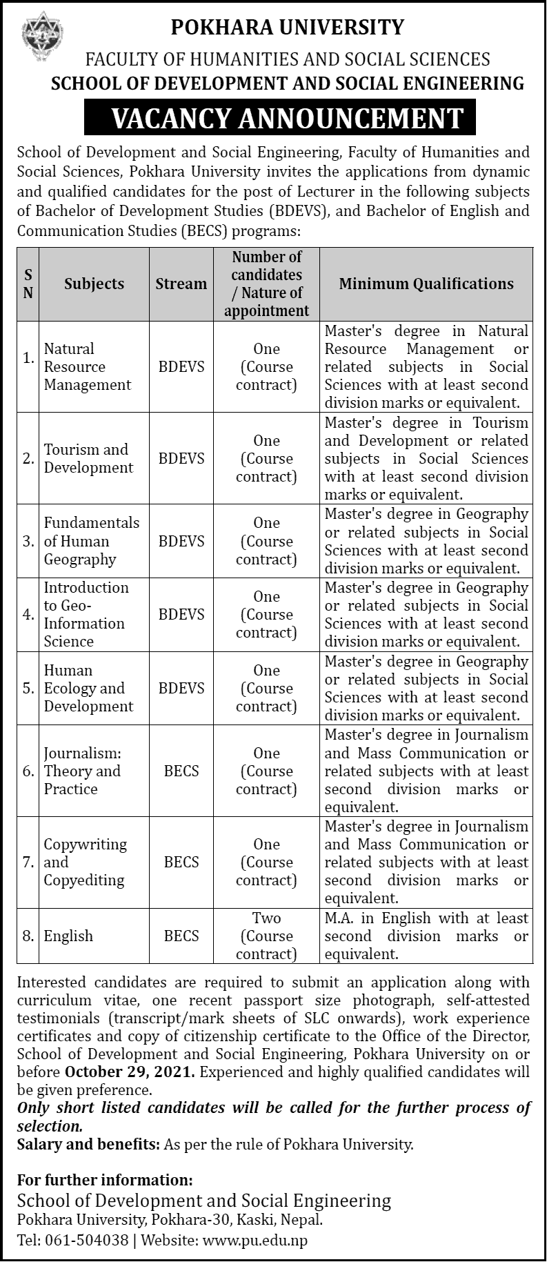 Pokhara University School of Development and Social Engineering Vacancy for Various Positions