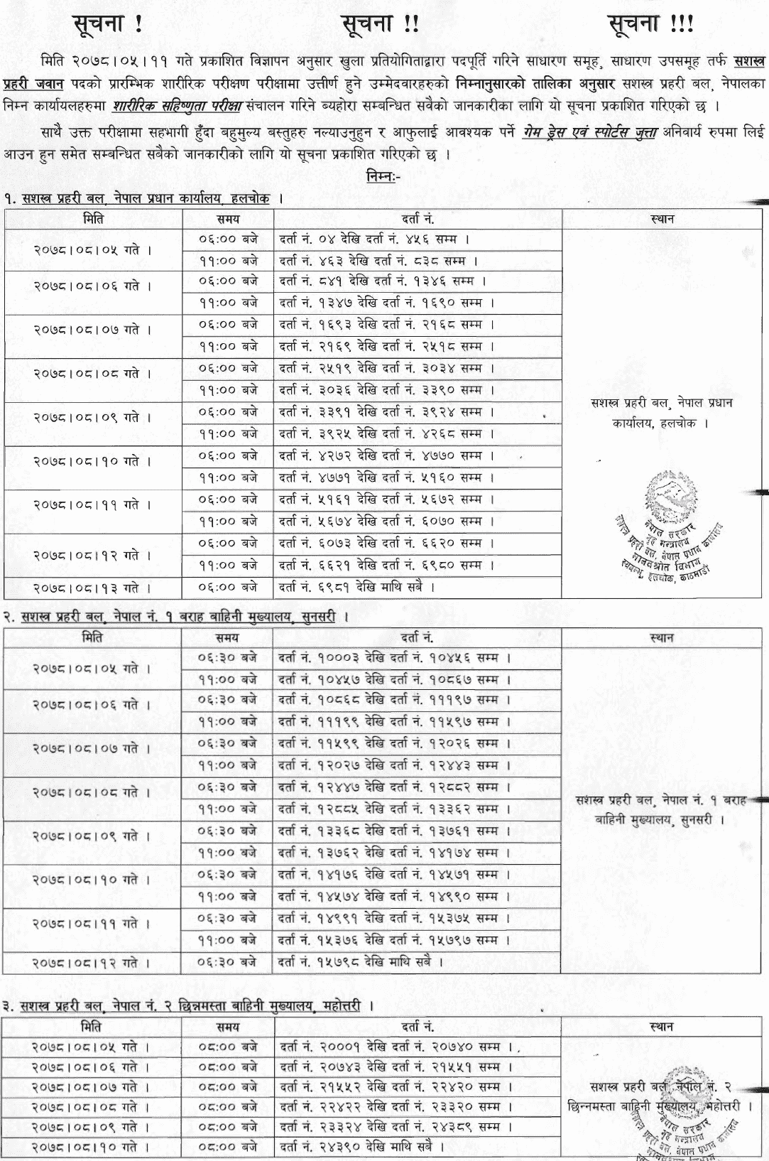 APF Nepal Jawan Post Physical Examination Schedule (Routine)