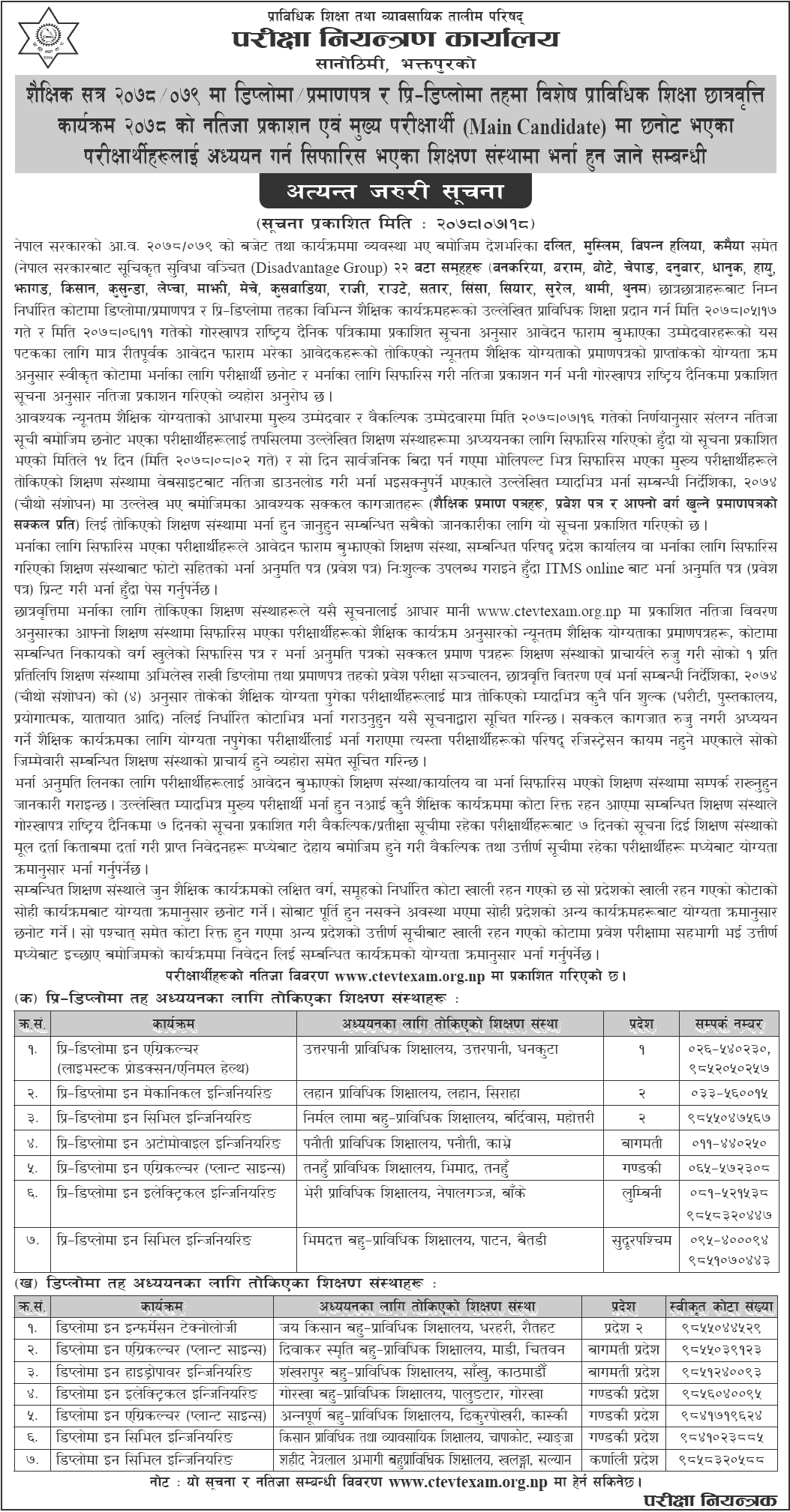 CTEVT Admission for Diploma, PCL and Pre-Diploma level (Special Technical Education Scholarship Program)