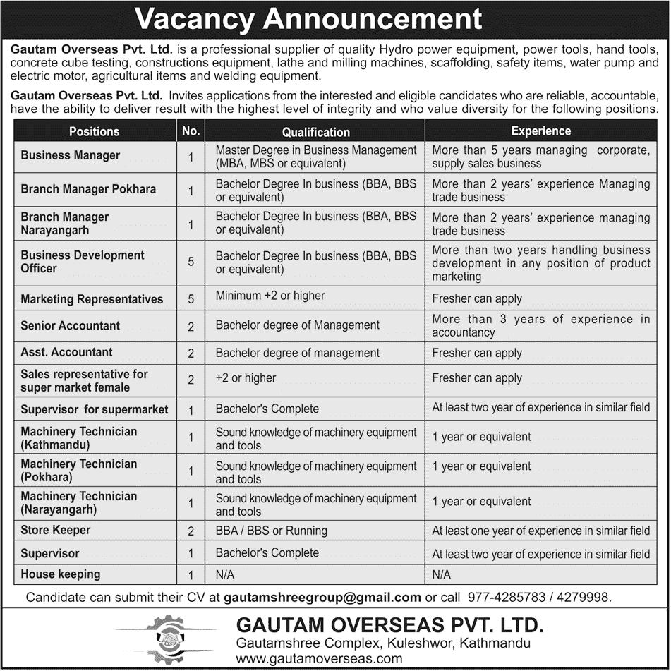 Gautam Overseas Vacancy for Various Positions