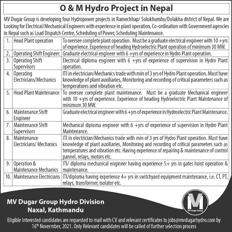 MV Dugar Group Hydro Project Vacancy for Various Positions
