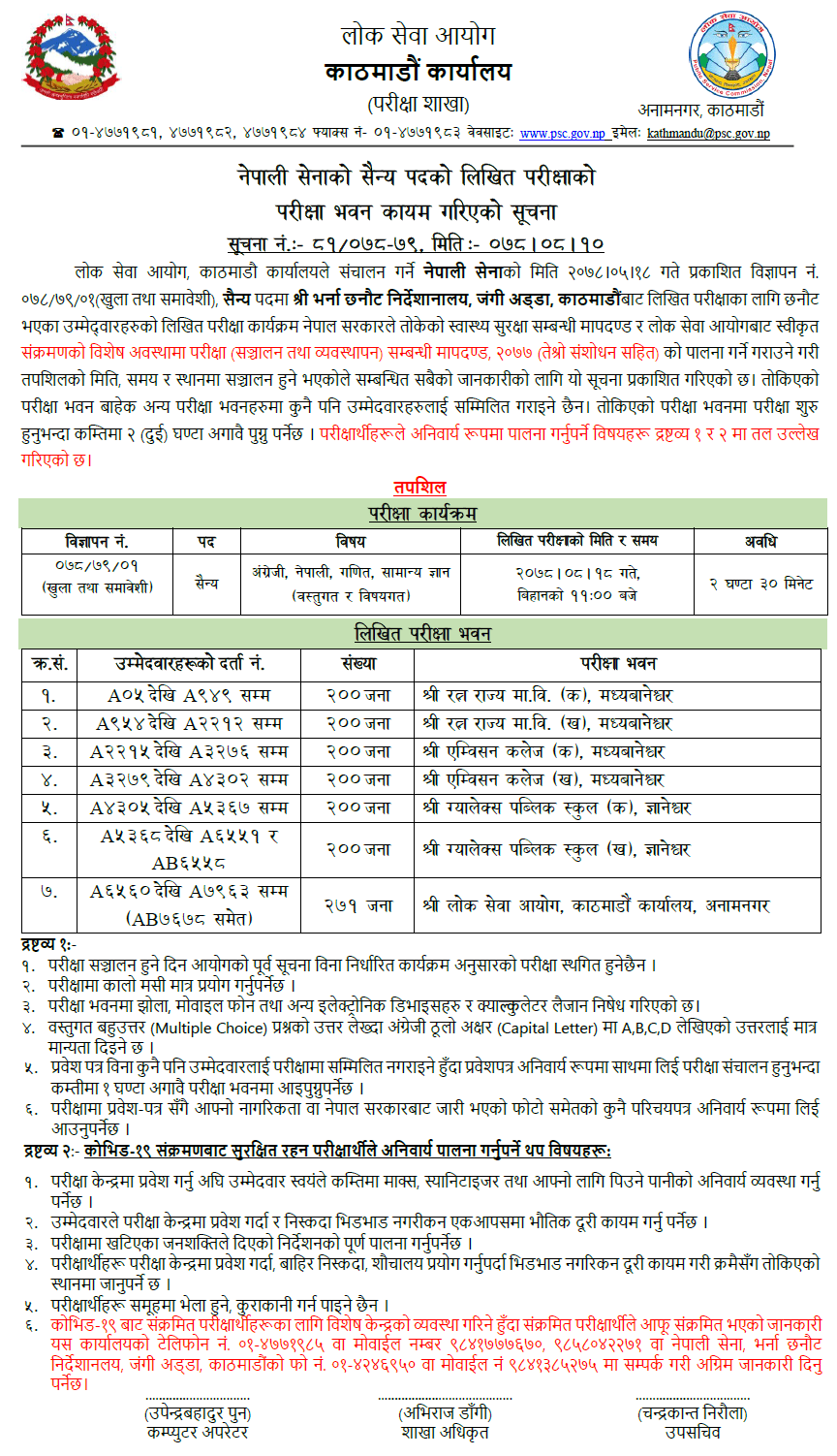 Nepal Army Sainya Post Written Exam Center Kathmandu