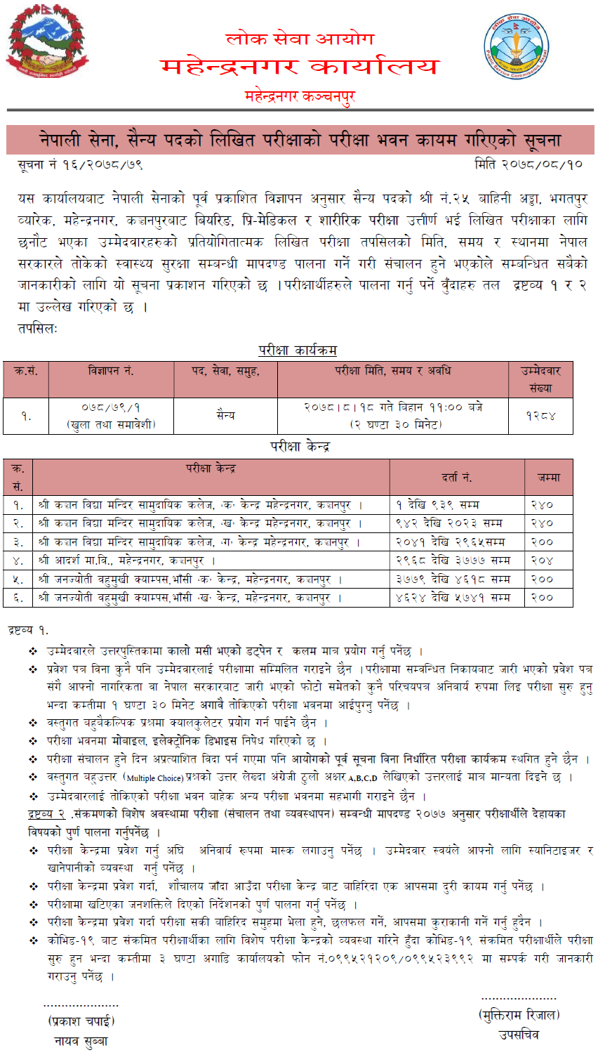Nepal Army Sainya Post Written Exam Center Mahendranagar