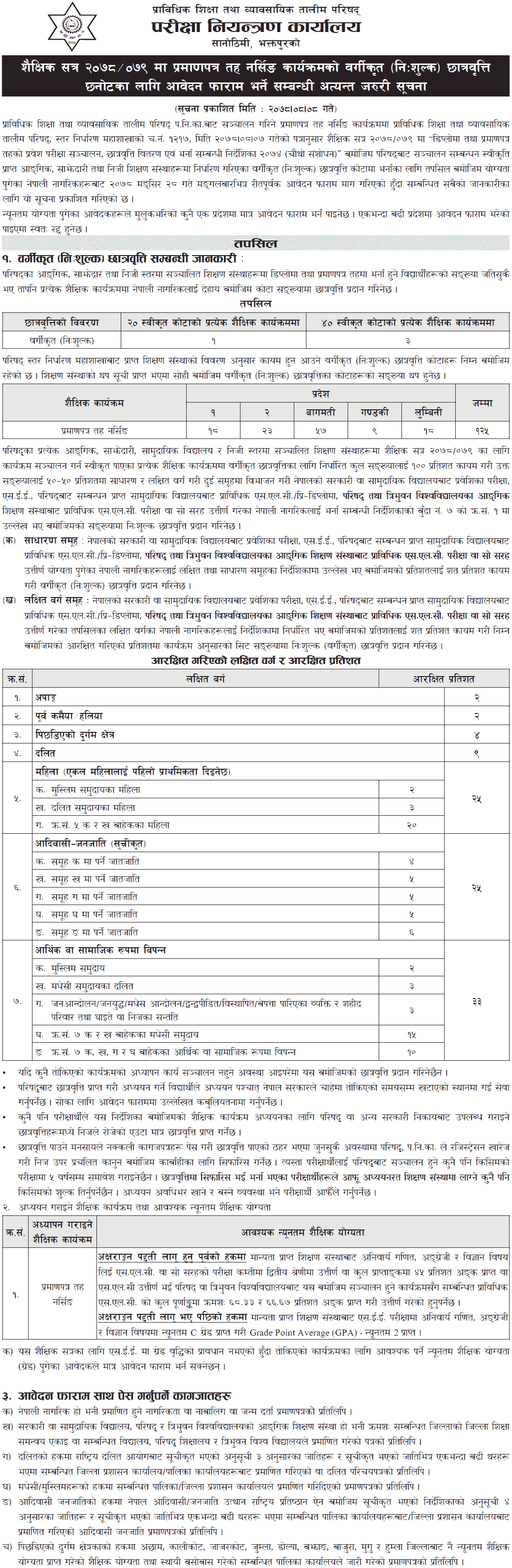 PCL Nursing Free Scholarship Application Notice from CTEVT 2078