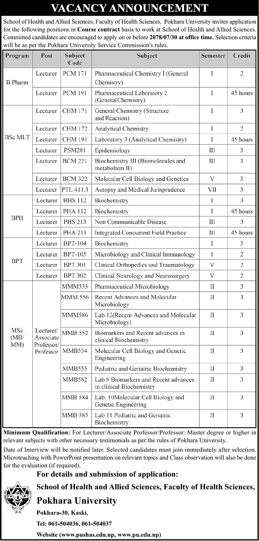 School of Health and Allied Sciences, Pokhara University Vacancy for Teaching