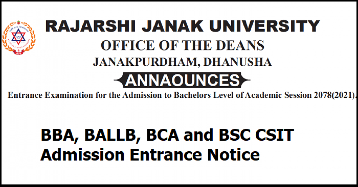 BBA, BALLB, BCA and BSC CSIT Admission Entrance Notice from Rajarshi Janak University