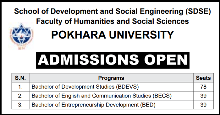 BDEVS, BECS, BED Admission Open at School of Development and Social Engineering (SDSE), Pokhara Univesity