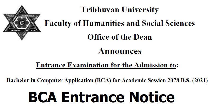 Bachelor in Computer Application (BCA) Entrance Examination Notice from TU FoHSS