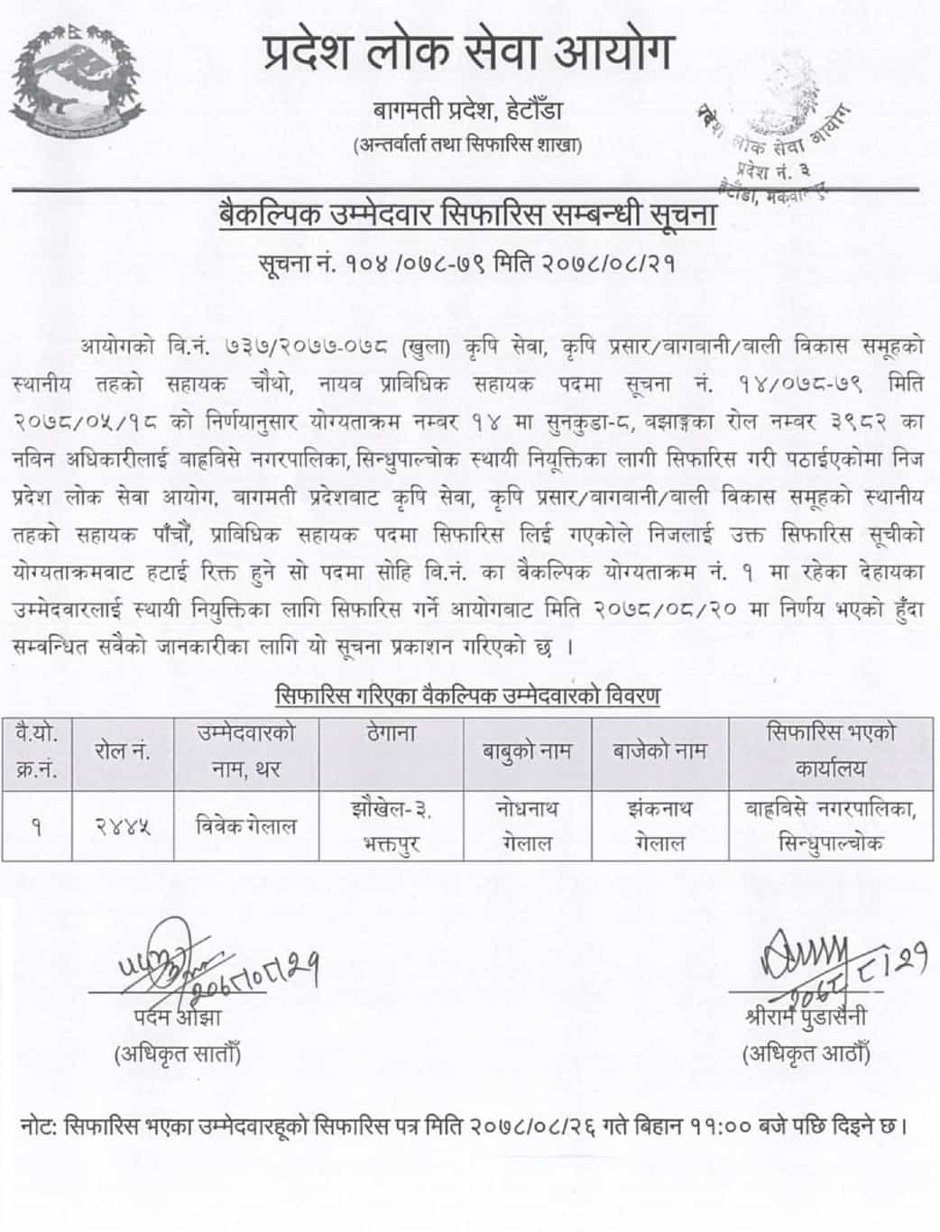 Bagmati Pradesh Lok Sewa Aayog Recommended Alternative Candidate for 4th Level JTA
