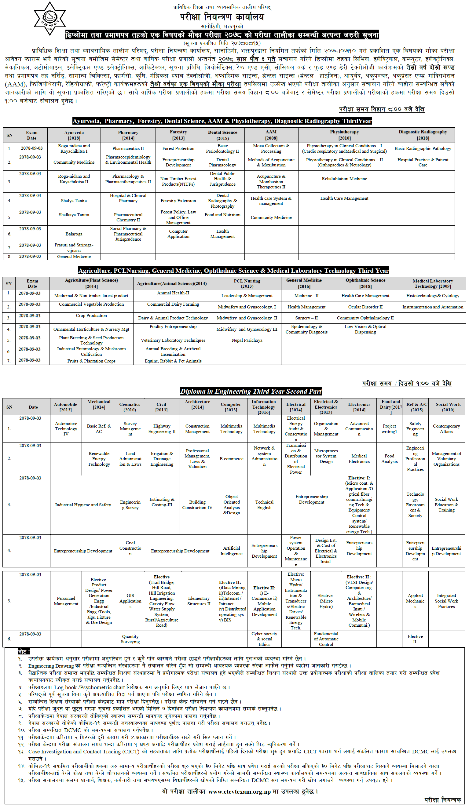 Diploma and PCL Level Chance Exam Routine - CTEVT