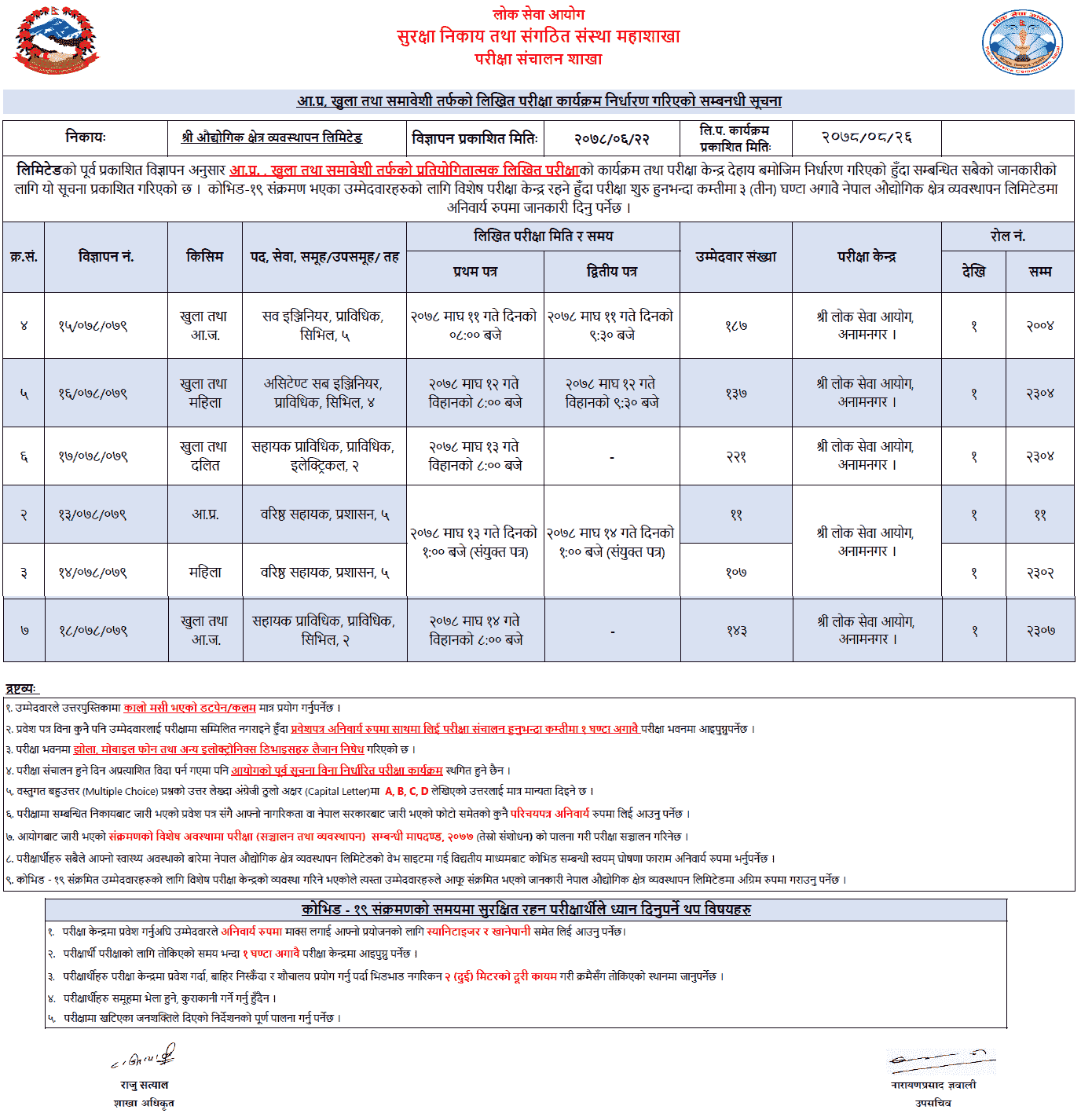 Industrial Area Management Limited Written Exam Schedule for Various Positions